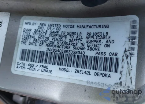 2009 Toyota Corolla Le from USA, damaged, VIN 1NXBU40E69Z039340